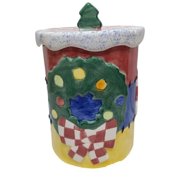 Vintage Kitchen Food Stoage, Lotus 90s Christmas Holiday Ceramic Jar With Lid - Picture 1 of 11